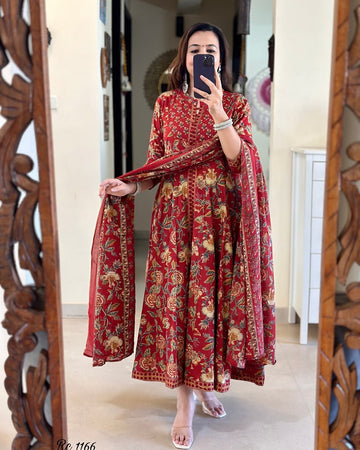 Women Printed Double Layer Cotton Anarkali Kurta pant with mulmul dupatta set