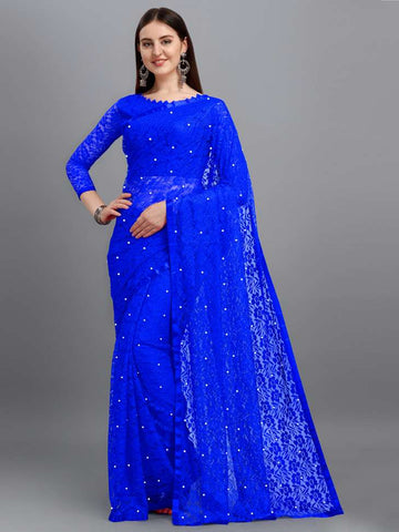 Self Design, Woven, Plain Fashion Net Saree (Blue)