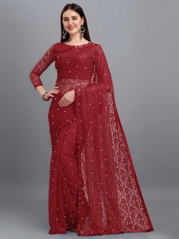 Self Design Fashion Net Saree (Maroon)