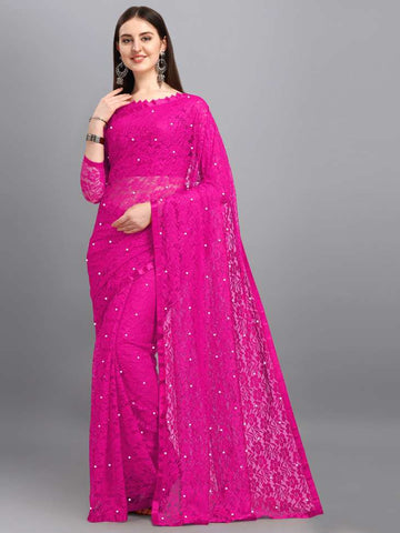 Self Design, Woven, Plain Fashion Net Saree (Pink)