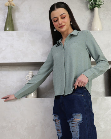 Shein Spread Collar Cuffed Sleeves Swiss Dot Shirt