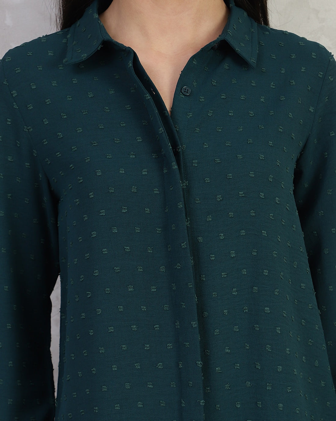 Shein Spread Collar Cuffed Sleeves Swiss Dot Shirt