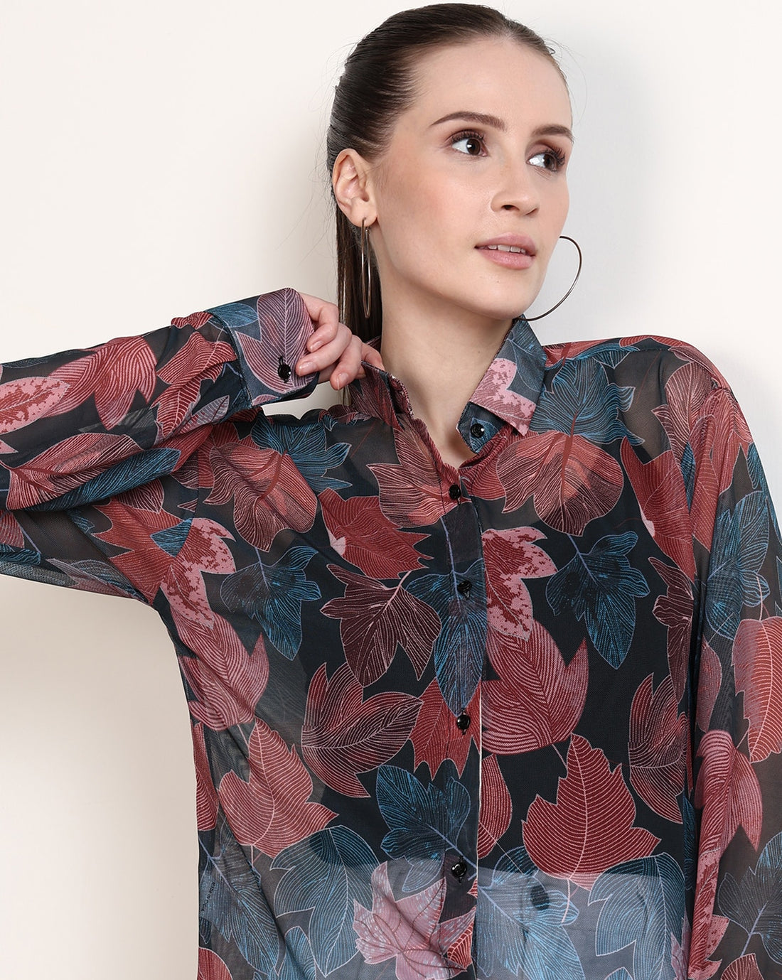 Shein Spread Collar Cuffed Sleeve Leaf Print Loose Fit Shirt