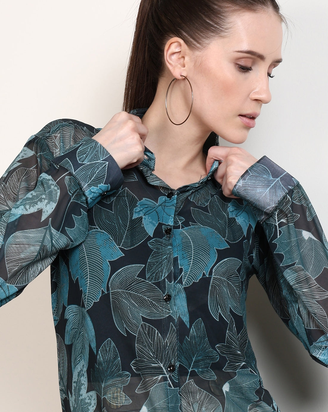 Shein Spread Collar Cuffed Sleeve Leaf Print Loose Fit Shirt