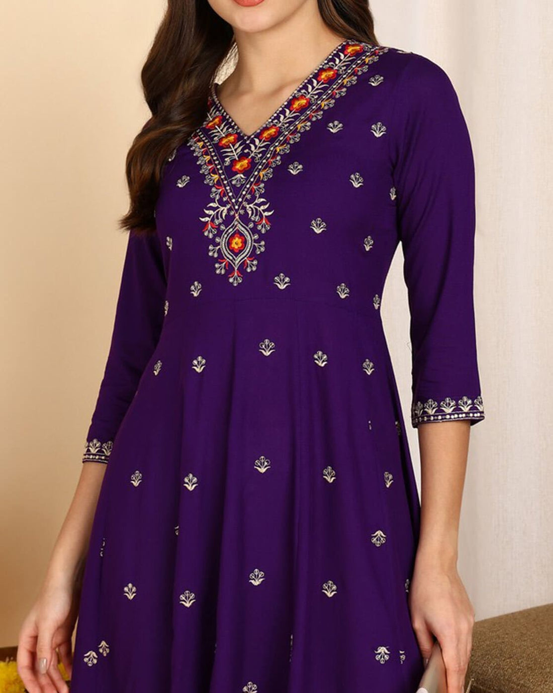 Women Yoke Embroidered Flared Kurta