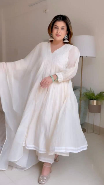 Women Embroidered Chanderi Anarkali Kurta With Attached Dupatta
