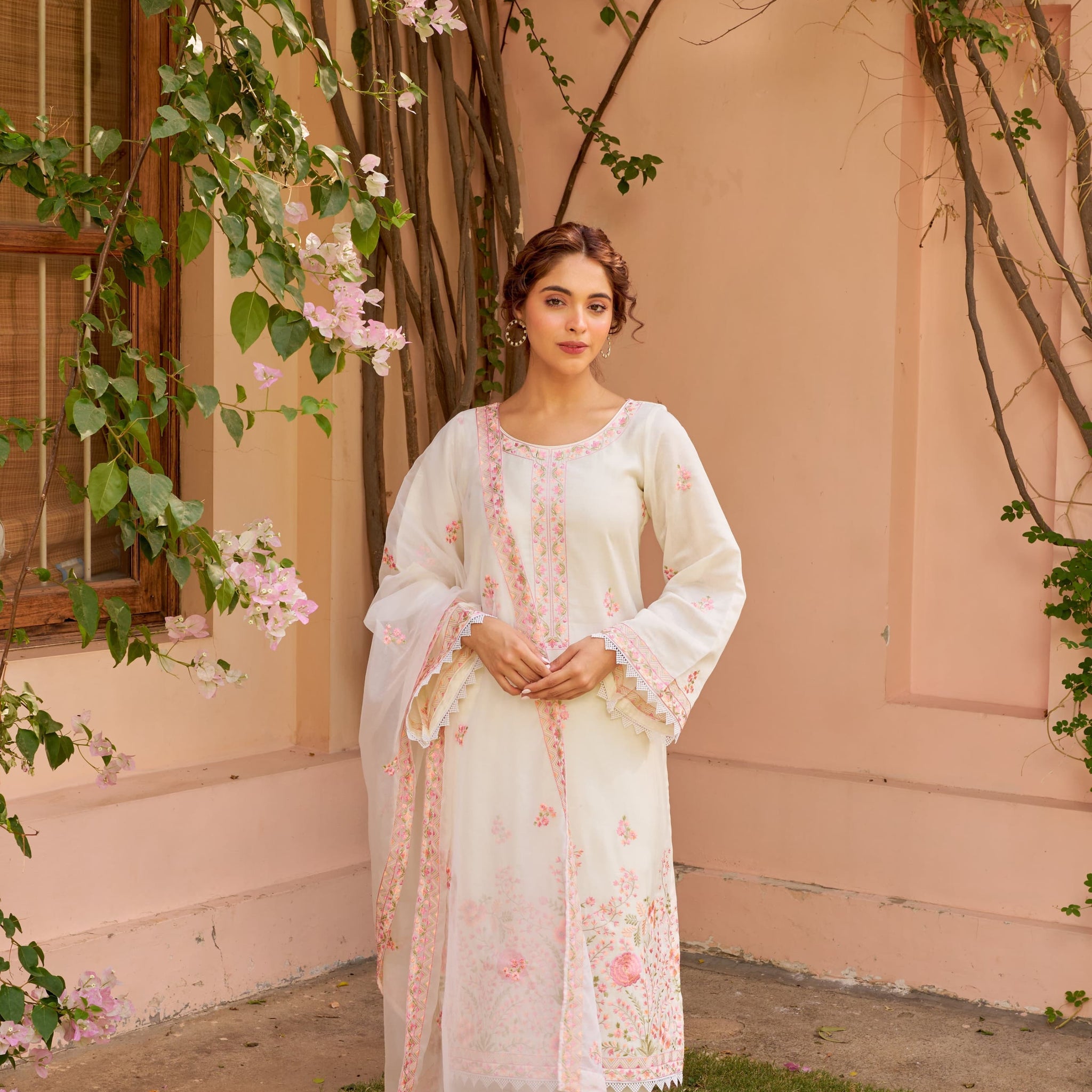 Richa Begani in Gul-Khera - Ivory Chanderi Embroidered Suit Set