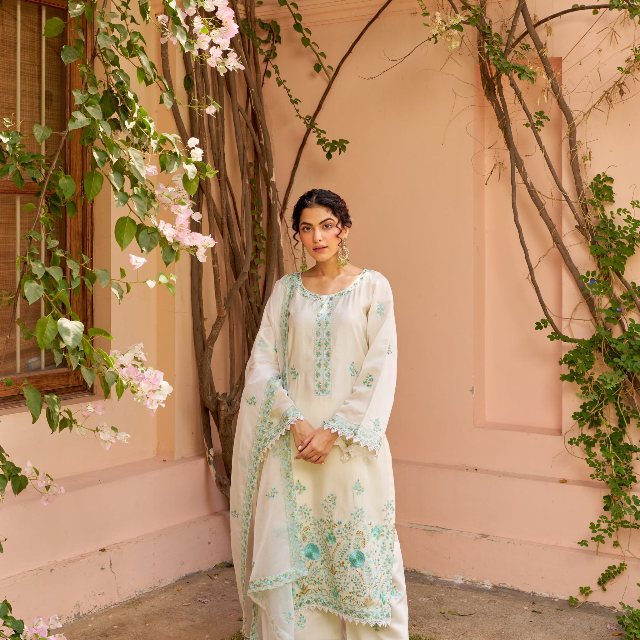 Richa Begani in Gul-Khera - Ivory Chanderi Embroidered Suit Set