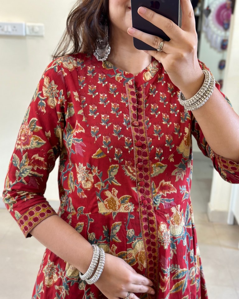 Women Printed Double Layer Cotton Anarkali Kurta pant with mulmul dupatta set