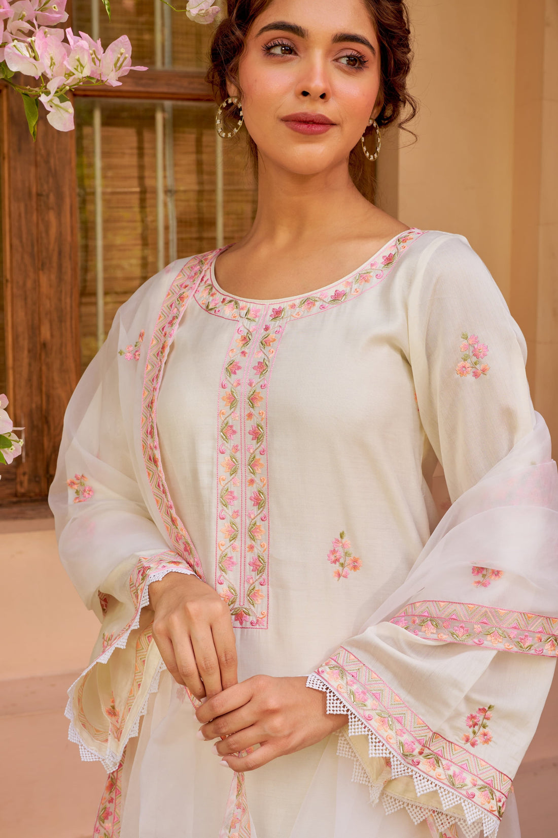 Richa Begani in Gul-Khera - Ivory Chanderi Embroidered Suit Set