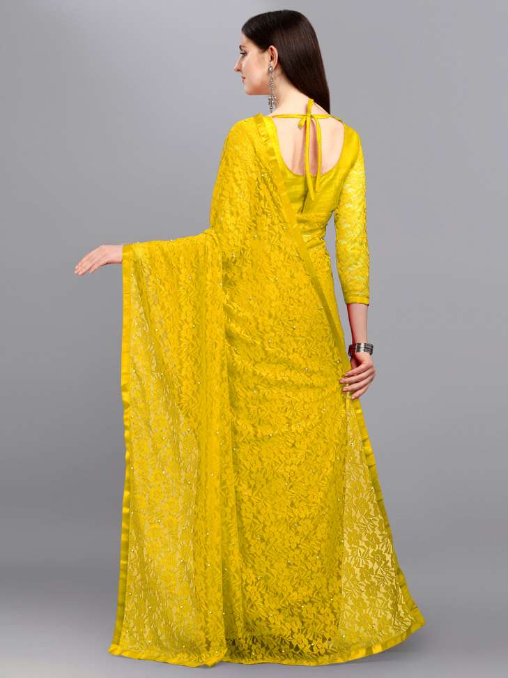 Self Design Fashion Net Saree (Yellow)