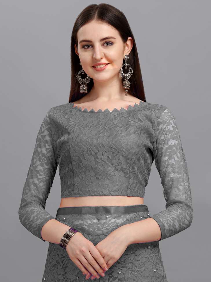 Self Design Fashion Net Saree (Grey)