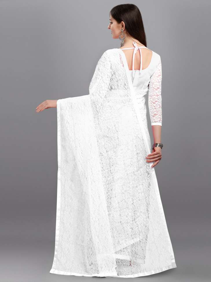Self Design Fashion Net Saree (White)