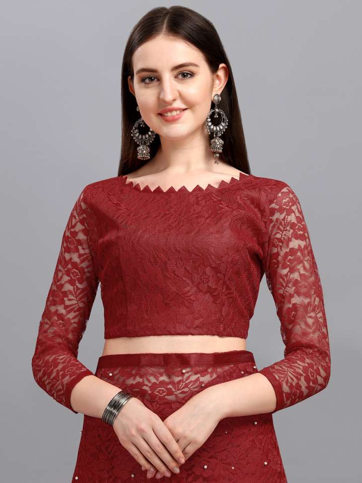 Self Design Fashion Net Saree (Maroon)