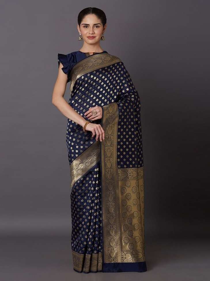 Woven Banarasi Silk Blend Saree (Dark Blue)