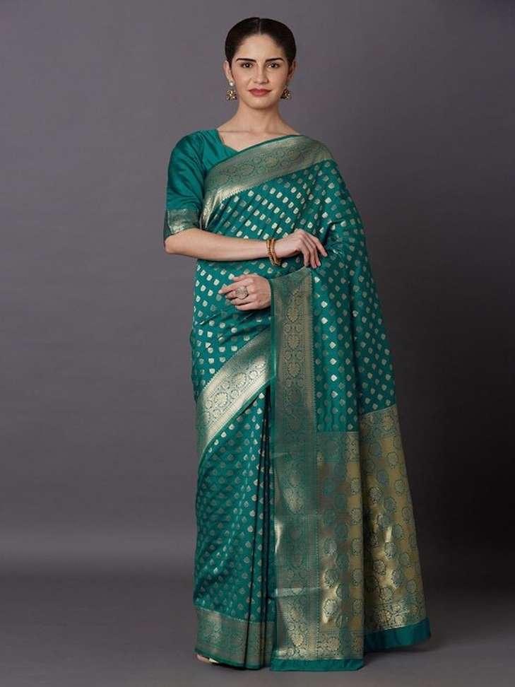 Woven Banarasi Silk Blend Saree (Dark Green)