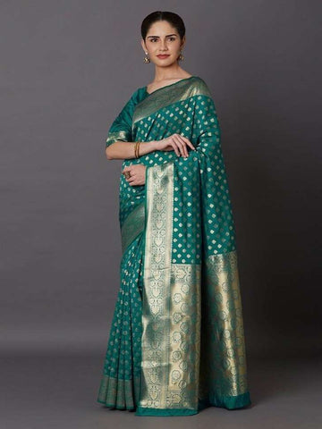 Woven Banarasi Silk Blend Saree (Dark Green)
