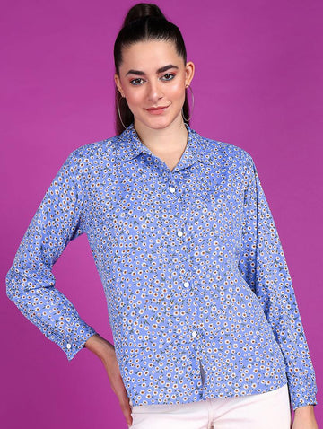 women printed collared long sleeves shirt