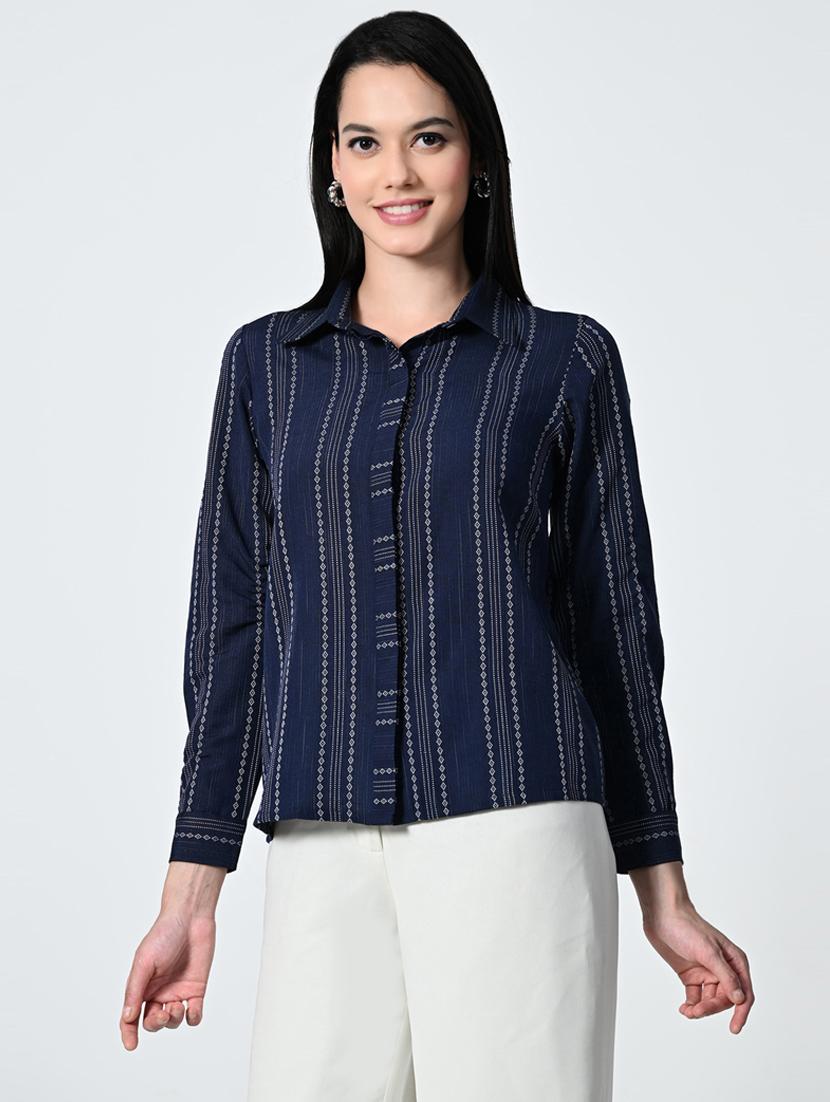women striped collared long sleeeves regular shirt
